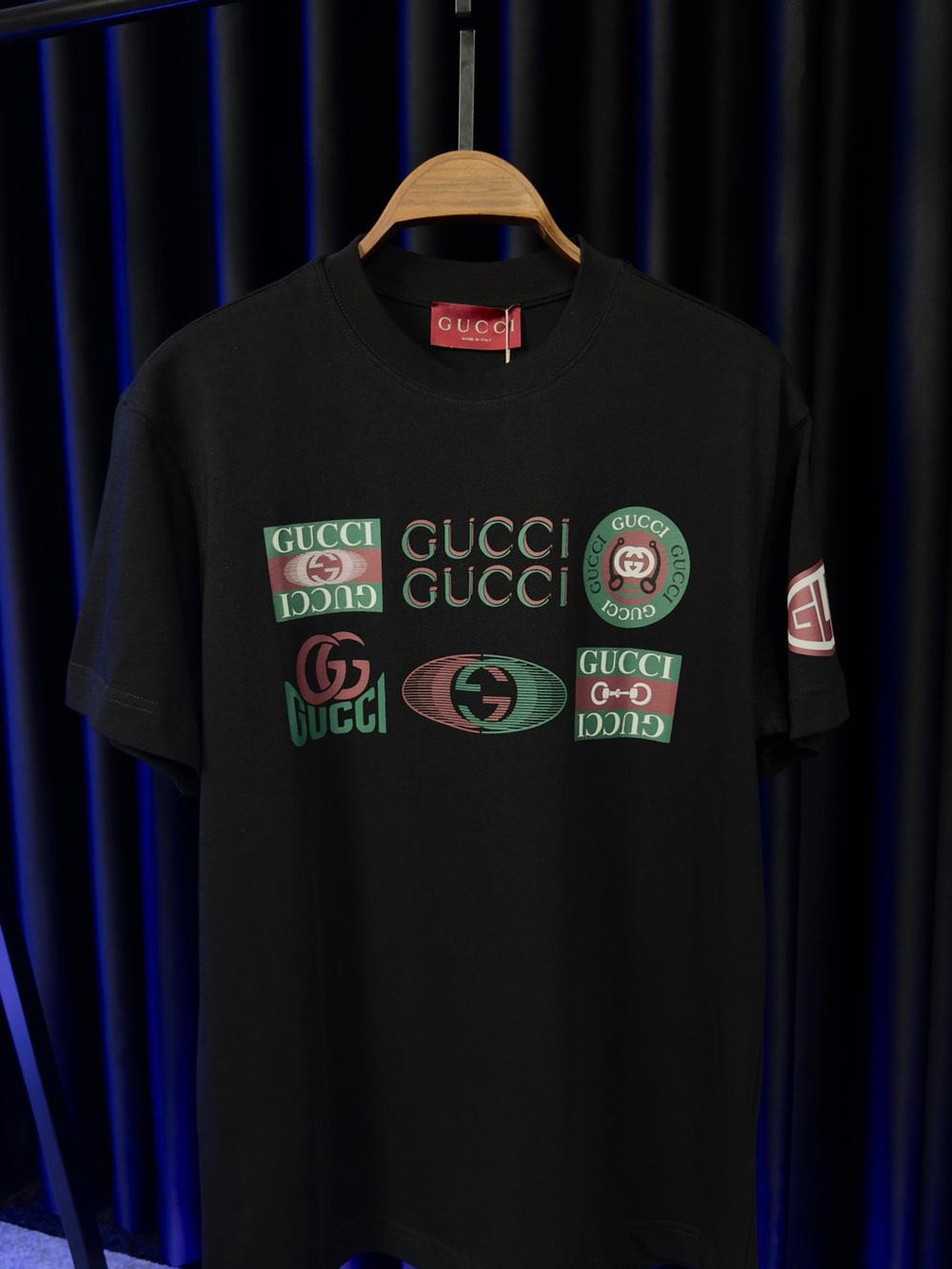 Gucci Black Short Sleeve Tee with Multi-Logo Print